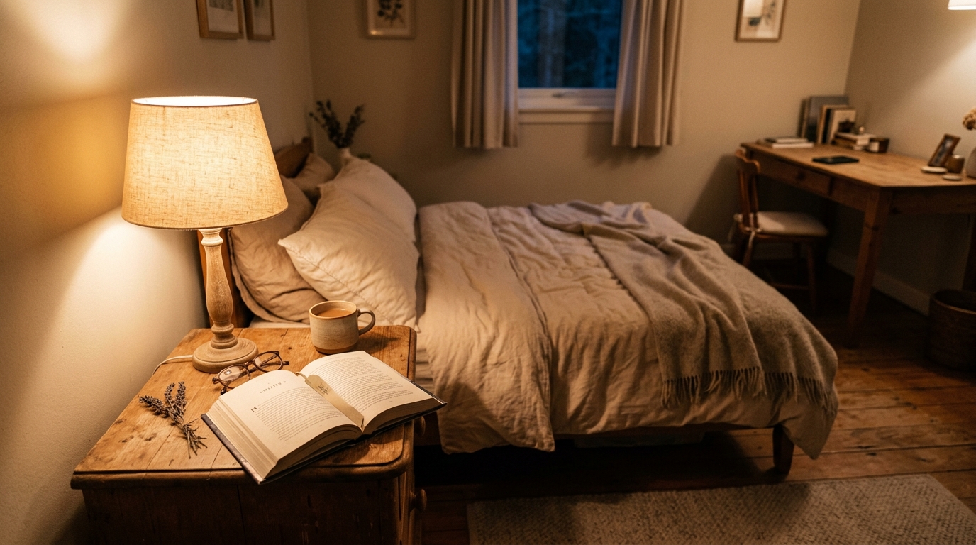 A tranquil bedroom evening wind-down setting in a warm modest home with an open printed book on a wooden side table