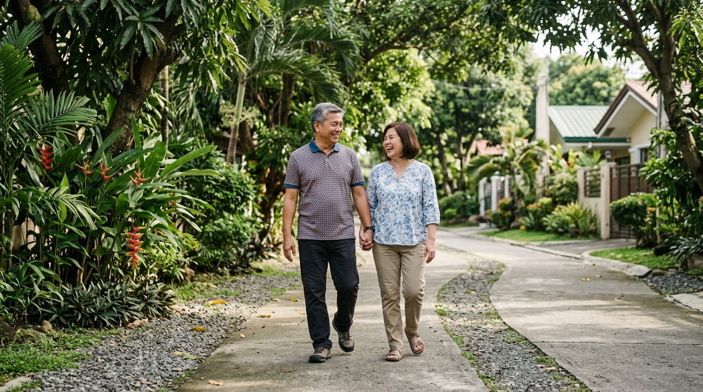 A smiling mature Filipino couple taking a peaceful morning walk along a tree-lined neighbourhood path in the Philippines