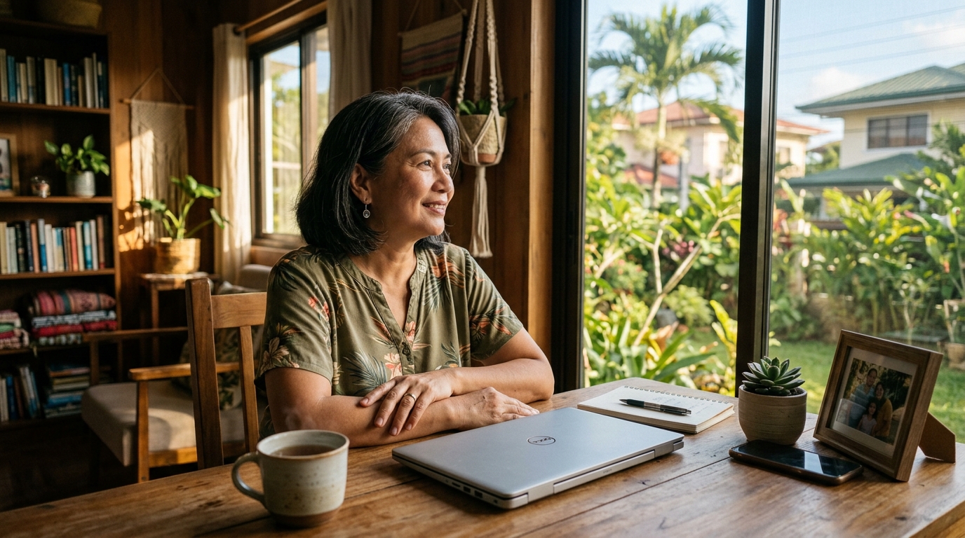 A mature Filipino woman taking a calm break from desktop work, looking out a bright window with relaxed eyes