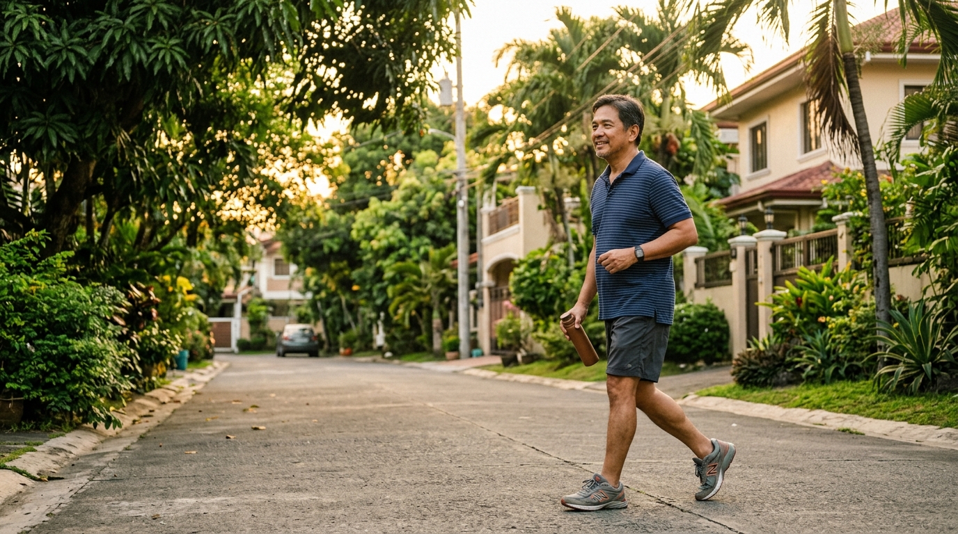 A 55-year-old Filipino man walking briskly along a quiet suburban tree-lined street during late afternoon golden hour in the Philippines