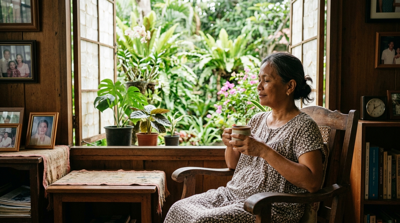 A mature Filipino woman in her early 50s relaxing comfortably in a modest living room in the Philippines looking out a capiz window away from screens